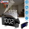 Projection Alarm Clock with Radio Function 7.7In Curved-Screen LED Digital Alarm Clock w/ Dual Alarms 4 Dimmer 12/24 Hour USB Charging Port 180° Rotat