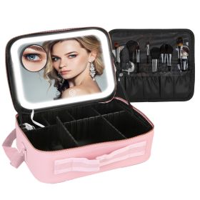 Travel Makeup Bag with LED Mirror Makeup Case Organizer with 3 Light Colors Adjustable Dividers Brush Holder Magnifying Mirror Shoulder Strap Luggage (Option: MakeupBag LPink)