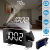 Projection Alarm Clock with Radio Function 7.7In Curved-Screen LED Digital Alarm Clock w/ Dual Alarms 4 Dimmer 12/24 Hour USB Charging Port 180° Rotat