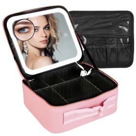 Travel Makeup Bag with LED Mirror Makeup Case Organizer with 3 Light Colors Adjustable Dividers Brush Holder Magnifying Mirror Dimmable USB Rechargeab (Option: MakeupBag SPink)