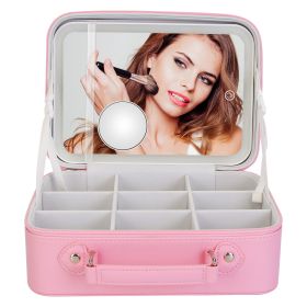 Travel Makeup Bag With 3 Light Colors Dimmable Brightness LED Mirror Detachable 10X Magnifying Mirror Adjustable Dividers Portable Waterproof Cosmetic (Option: MakeupBag Pink)