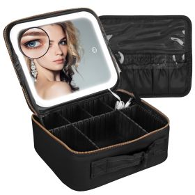 Travel Makeup Bag with LED Mirror Makeup Case Organizer with 3 Light Colors Adjustable Dividers Brush Holder Magnifying Mirror Dimmable USB Rechargeab (Option: MakeupBag SBlack)