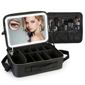 Travel Makeup Bag with LED Mirror Makeup Case Organizer with 3 Light Colors Adjustable Dividers Brush Holder Magnifying Mirror Shoulder Strap Luggage (Option: MakeupBag LBlack)